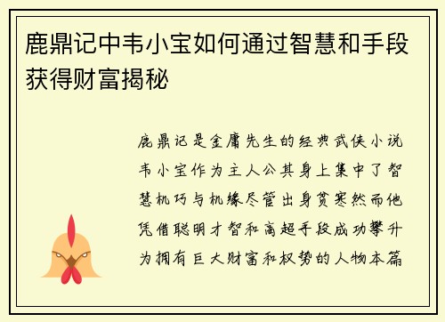 鹿鼎记中韦小宝如何通过智慧和手段获得财富揭秘