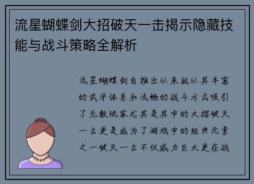 流星蝴蝶剑大招破天一击揭示隐藏技能与战斗策略全解析 流星蝴蝶剑大招破天一击揭示隐藏技能与战斗策略全解析